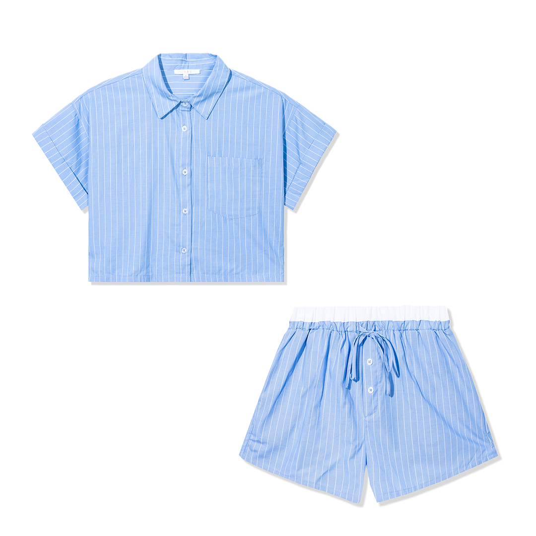 Pinstripe Cropped Boxy Button Down Shirt & Shorts Set